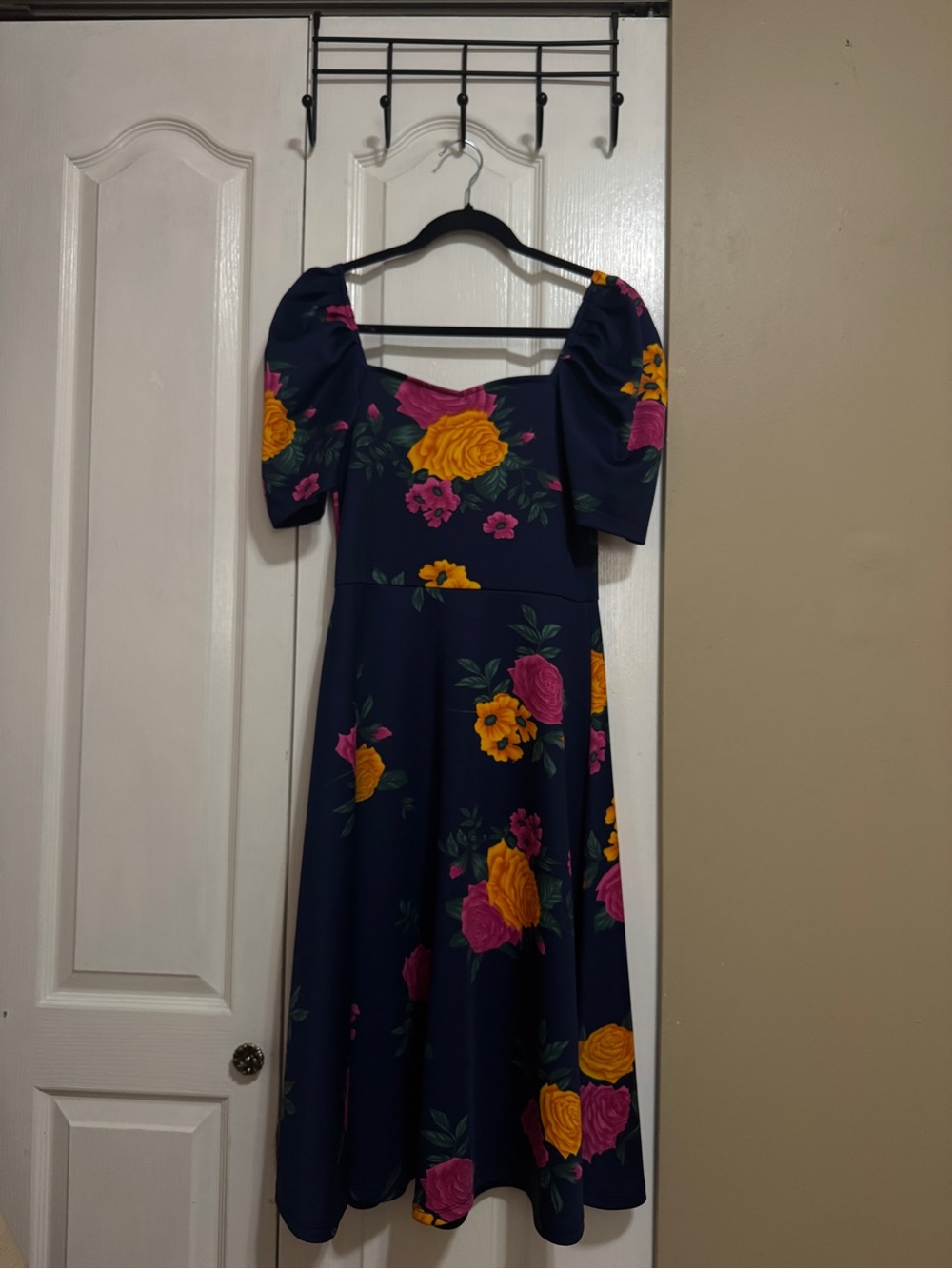 Navy Floral Puff-Sleeve Midi Dress - Yellow & Pink Blooms